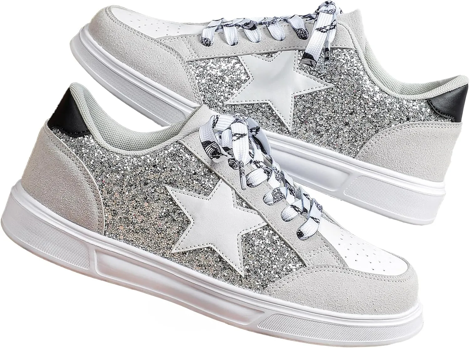 Women's Y2K Star Glitter Chunky Skate Shoes Retro Platform Sneakers, Shiny Outdoor Casual Shoes for Streetwear (Grey,7)