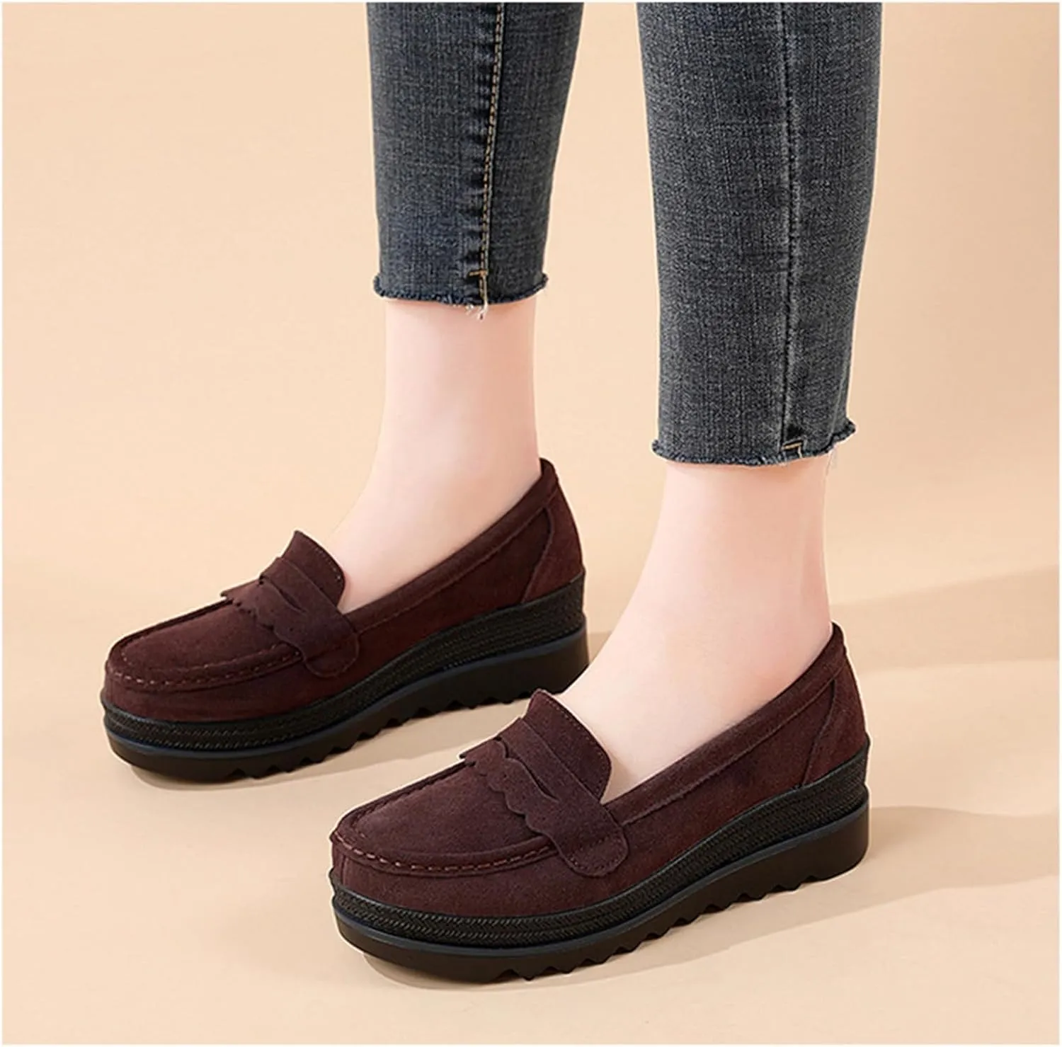 Yuizko Women's Suede Slip-On Platform Loafers with Arch Support,Casual Soft Comfortable Moccasin Sneakers Non-Slip Orthopedic Penny Walking Shoes