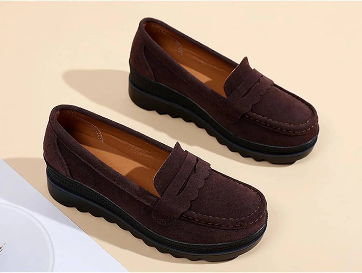 Yuizko Women's Suede Slip-On Platform Loafers with Arch Support,Casual Soft Comfortable Moccasin Sneakers Non-Slip Orthopedic Penny Walking Shoes