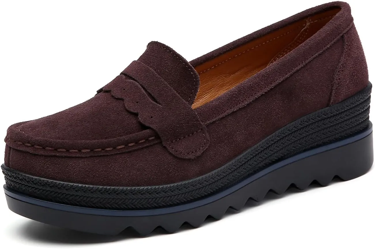Yuizko Women's Suede Slip-On Platform Loafers with Arch Support,Casual Soft Comfortable Moccasin Sneakers Non-Slip Orthopedic Penny Walking Shoes