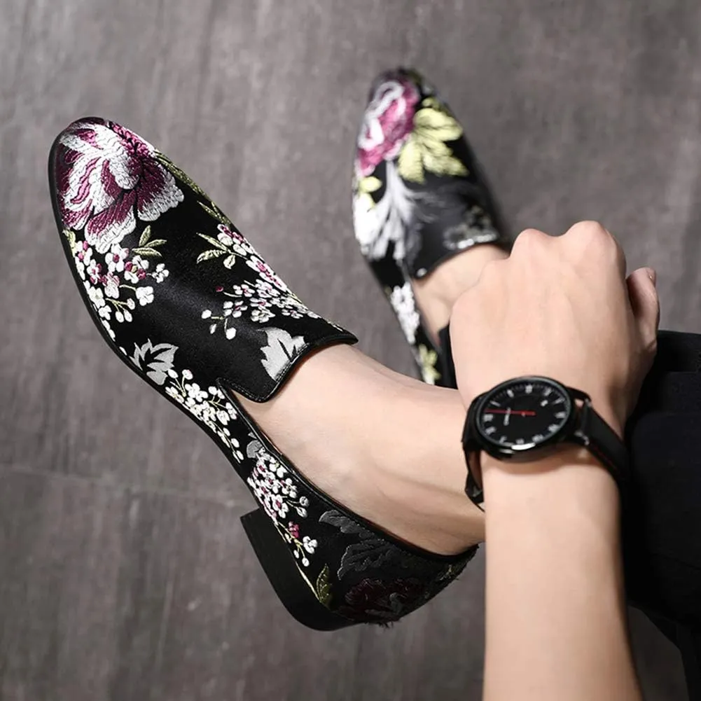 YYQL Men's Luxury Penny Loafers Shoes Embroidery Canvas Velvet Smoking Slippers Fashion Suede Walking Shoes Size 7-12.5